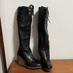 Moncler Black Over the Knee Wedge Boots 37
